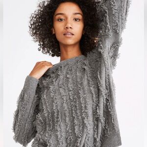 Madewell Fringe-Stripe Pullover Sweater in Heather Gray